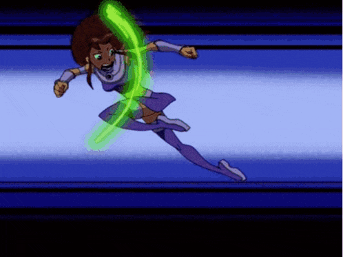 a cartoon character is jumping in the air with a green light coming out of her mouth .