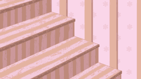 a cartoon penguin is sitting on top of a set of stairs in a room .