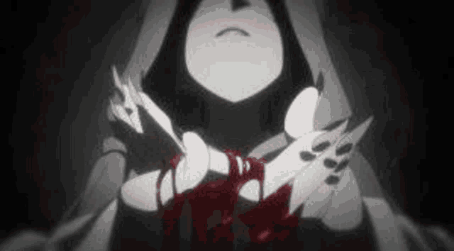 a black and white drawing of a girl with a hood holding a knife .