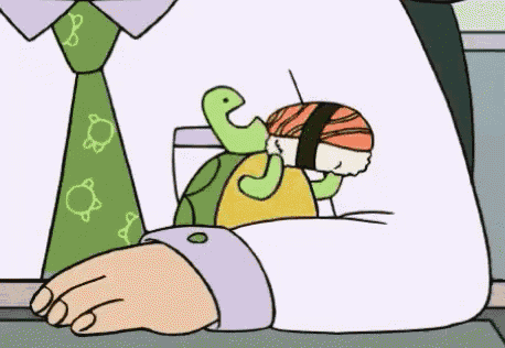 a cartoon turtle is sitting on a man 's arm with a piece of sushi on its back .
