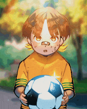 a boy with a bandage on his face holds a soccer ball in his hands