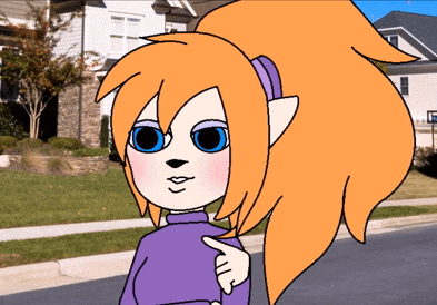 a cartoon character with orange hair and blue eyes is pointing to herself