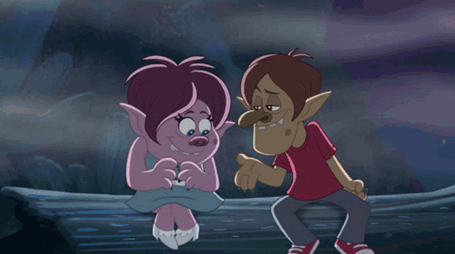 a boy and a girl troll are holding hands