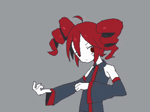 a pixel art drawing of a girl with red hair and black eyes