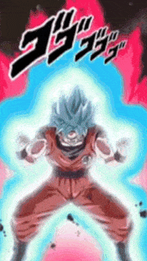 a cartoon of a man with blue hair standing in front of a pink background .