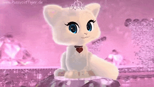 a white cat with blue eyes and a tiara on its head is sitting on a pink background .