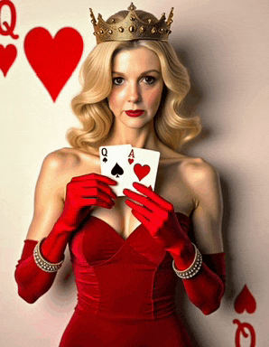 a woman in a red dress and red gloves is holding a queen of spades and a queen of hearts