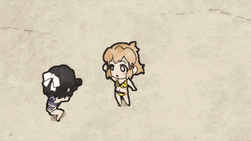 a drawing of a girl in a bikini standing next to another girl holding a camera
