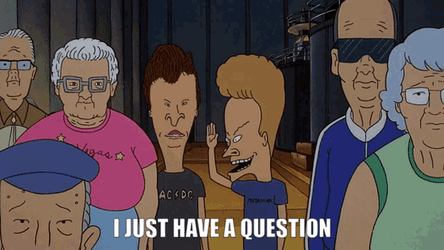 a group of cartoon characters with the words i just have a question written below them