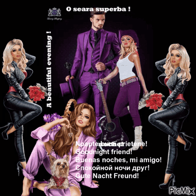 a man in a purple suit is holding a guitar next to two women and a dog