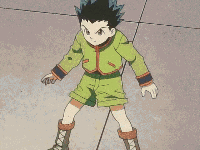 a cartoon character with black hair and a green jacket is standing on a tile floor