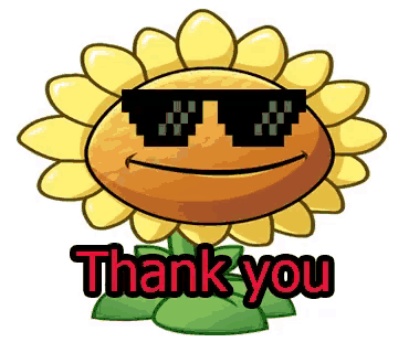 a cartoon sunflower wearing sunglasses and the words thank you