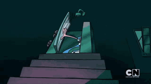 a cartoon character from cartoon network is standing in front of a glass door