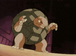 a cartoon turtle is standing on a ledge with its claws out