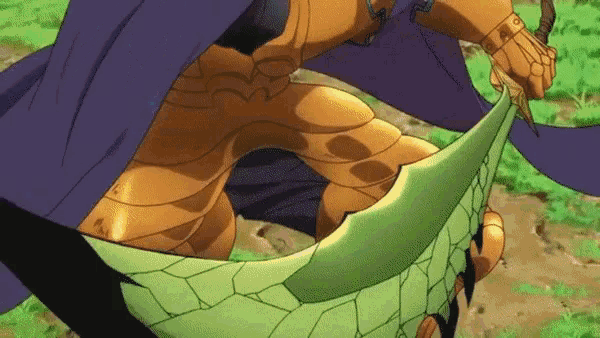 a cartoon character with a purple cape is holding a green sword