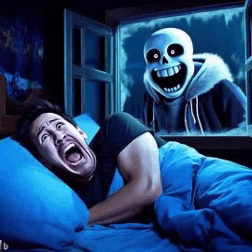 a man is laying in bed with his mouth open while a skeleton looks out the window .
