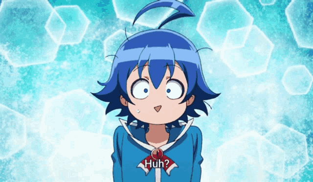 a cartoon character with blue hair and a red bow tie says huh