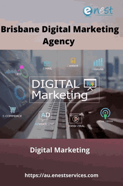 a poster for brisbane digital marketing agency shows a person typing on a laptop