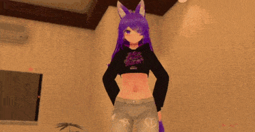 a girl with purple hair is wearing a crop top that says " they hem there "