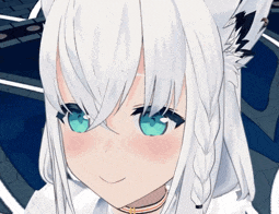 a girl with white hair and blue eyes is smiling