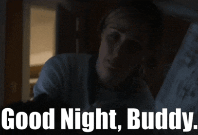 a woman laying in bed with the words good night buddy
