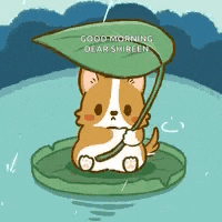 a cartoon dog is sitting on a lily pad holding a green leaf .
