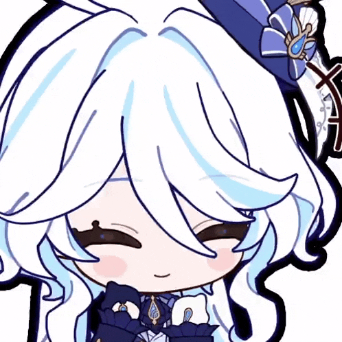 a close up of a cartoon character with white hair and a blue dress