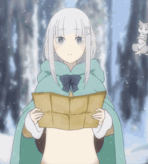 a girl with white hair is holding a map in her hands