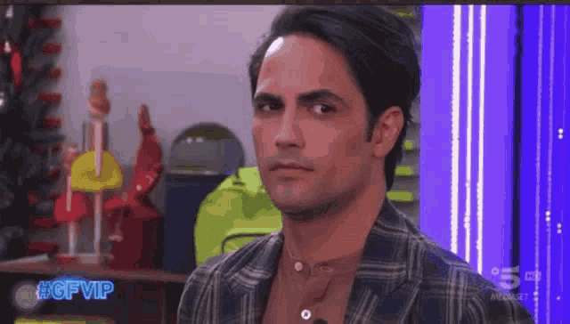 a man in a plaid jacket is on a television screen with the hashtag #gfvip on it