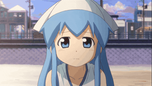 a little girl with blue hair and a white hat