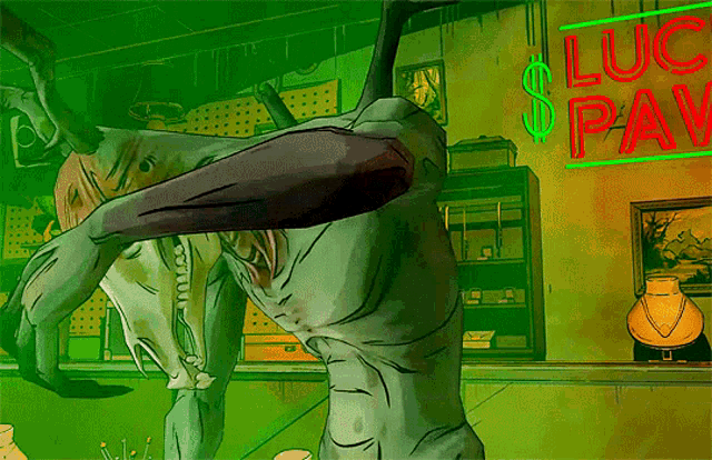 a cartoon of a monster in front of a sign that says luck pay