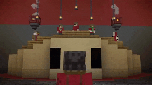 a man in a red shirt is standing in front of a minecraft building