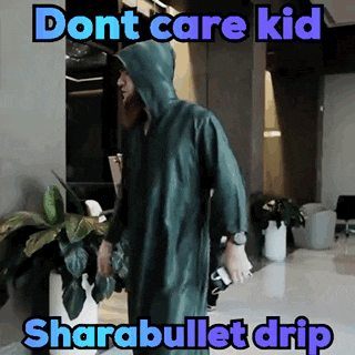 a person wearing a green raincoat with the words " dont care kid sharabullet drip " on it