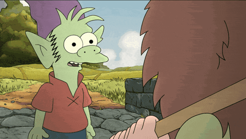 a cartoon character with a purple hat is standing next to another cartoon character