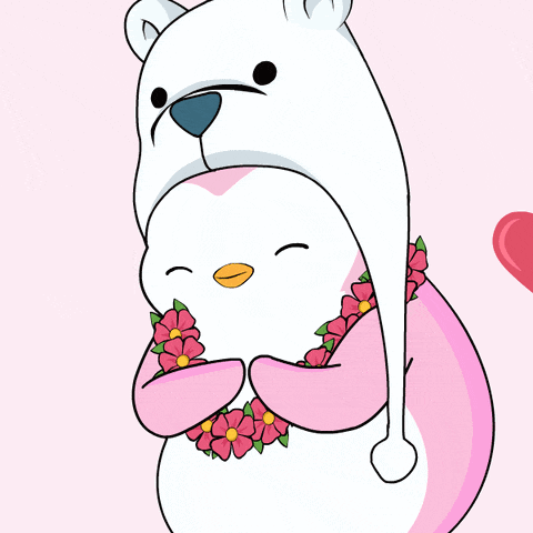 a cartoon polar bear holding a pink heart that says uwu