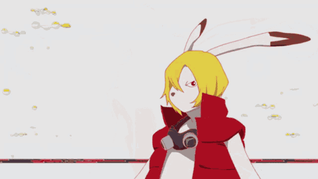 a cartoon character with yellow hair and a red jacket is holding his fist in the air