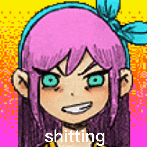 a pixel art drawing of a girl with pink hair and blue eyes with the word shitting written below her .