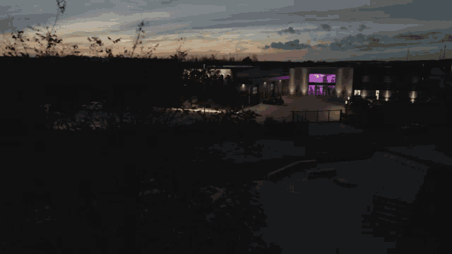 an aerial view of a large building with purple lights