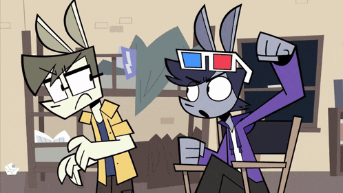 two cartoon characters one wearing 3d glasses and the other sitting in a chair
