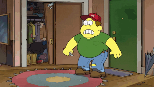 a cartoon character in a green shirt and red hat is standing in front of a green door