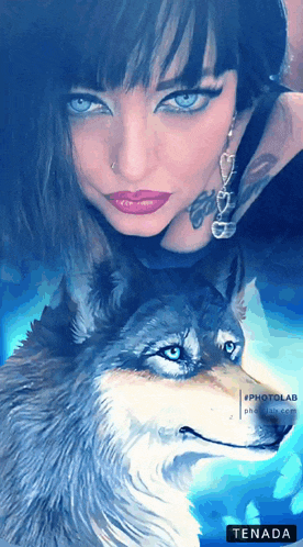 a photo of a woman and a wolf has the word tenada on the bottom