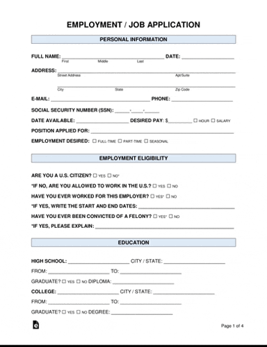 an employment / job application with a full name , address , social security number , e-mail , phone , and education