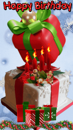 a birthday card with a cake and presents and the words happy birthday