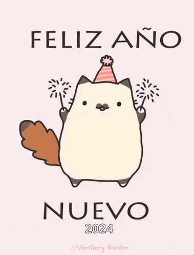 a cat wearing a party hat is holding sparklers and says feliz ano nuevo