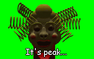 a green screen shows a clown and the words it 's peak