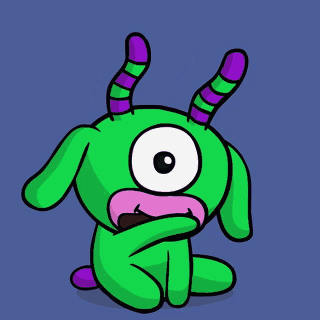 a green cartoon character with purple horns and a pink nose