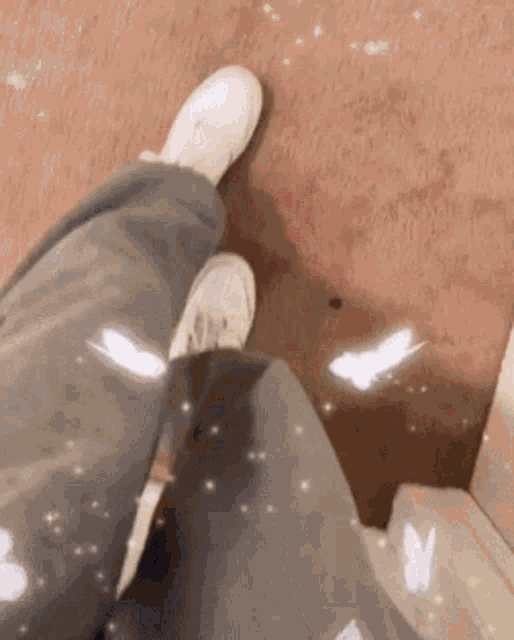 a person 's feet are standing on a brown carpet with a butterfly flying around them .
