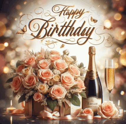 a bottle of taylor champagne next to a bouquet of roses