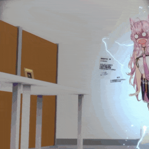 a girl with pink hair is standing in front of a sign that says ' a ' on it