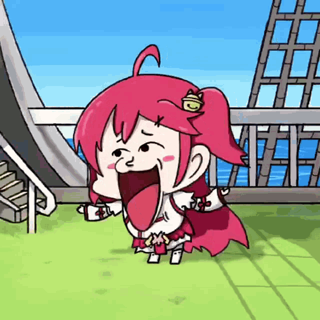 a cartoon of a girl with red hair and a tongue sticking out standing next to stairs .